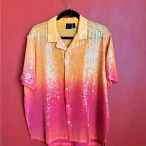 ASOS Orange to Pink Gradient Sequin Short-Sleeve Button-Down Shirt